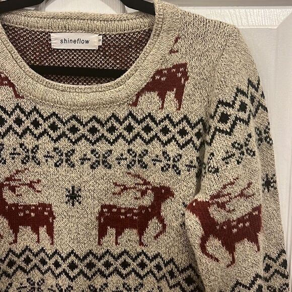 Shineflow Reindeer Patterned Knit Sweater Long Beige Red Small - Picture 5 of 13